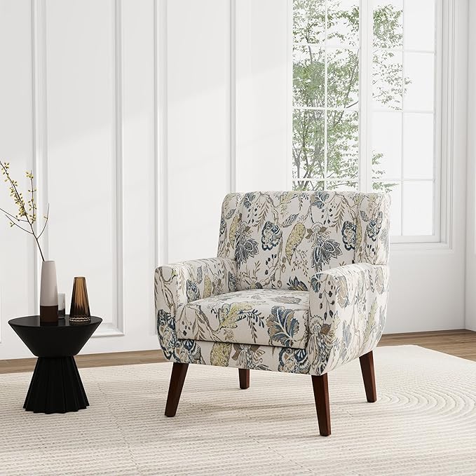 UIXE Floral Accent Chair, Modern Upholstered Armchair in Fabric for Living Room, Comfy Club Arm Chairs Single Sofa Button Tufted Bedroom Reading Seat - Pattern Leaf, Set of 1