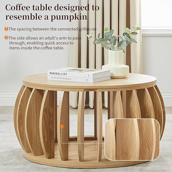 Drum Coffee Table with Storage,31.5” Wood Round Coffee Table,Farmhouse Pumpkin-Shaped Center Table for Living Room Home Office Natural