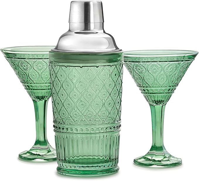 Godinger Cocktail Shaker and Martini Glasses Barware Gift Set, Martini Shaker and 2 Cocktail Glasses Set, Vintage Decor, Claro Collection, Sage