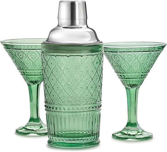 Godinger Cocktail Shaker and Martini Glasses Barware Gift Set, Martini Shaker and 2 Cocktail Glasses Set, Vintage Decor, Claro Collection, Sage