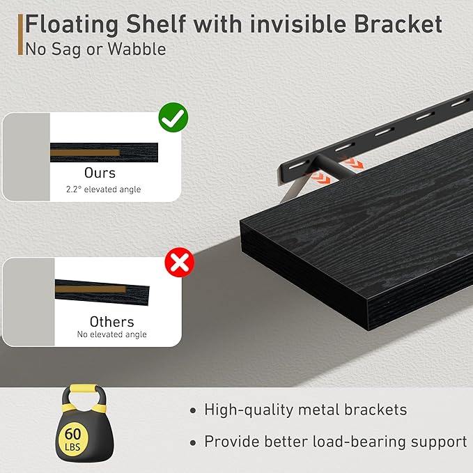 Fun Memories 32Inch Floating Shelves, 9.3Inch Deep Rustic Wall Shelves - Extra Deeper & Thicker Wall Mounted Storage Shelf for Kitchen, Farmhouse - Set of 2 - Rustic Black