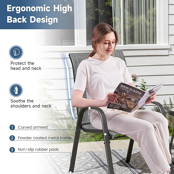 Amopatio Patio Chairs Set of 4, Breathable Garden Outdoor Furniture for Backyard Deck,Outdoor Stackable Dining Chairs for All Weather, Dark Grey