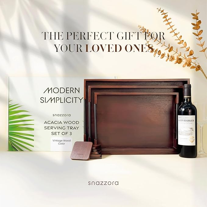 Acacia Wood Serving Tray - Set of 3 with Black Steel Handles 18", 16" & 14" with 6 Coasters - for Coffee Table, Ottoman in Living Room, Breakfast in Bed, Jewelry, Decorative (Vintage Finish)