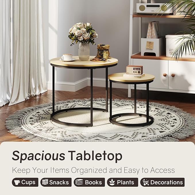 Nesting Tables Set of 2, Round Coffee Table, Small Nesting Coffee Table with Adjustable Non-Slip Fee, Wood Grain Top Nesting Tables for Living Room, Bedroom (Wood Grain Light Brown)