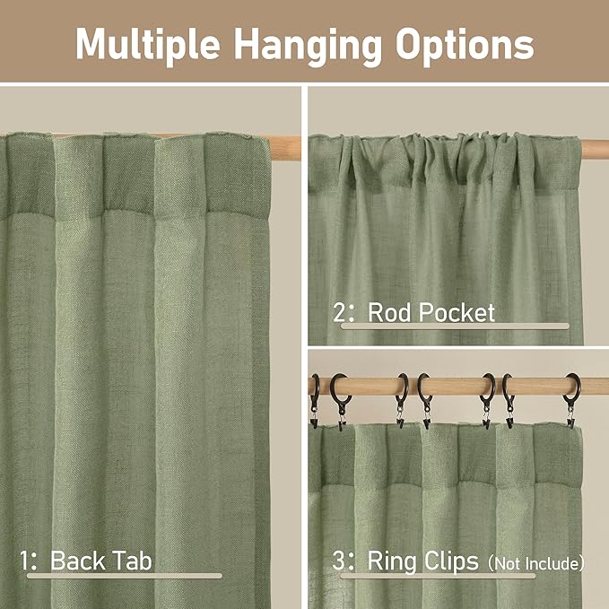 LAMIT Sage Green Linen Curtains for Living Room, 78 inch Length, Light Filtering Semi Sheer Panels with Back Tab and Rod Pocket, Christmas Panels for Bedroom/Sliding Glass Door, 52 x 78 Inch