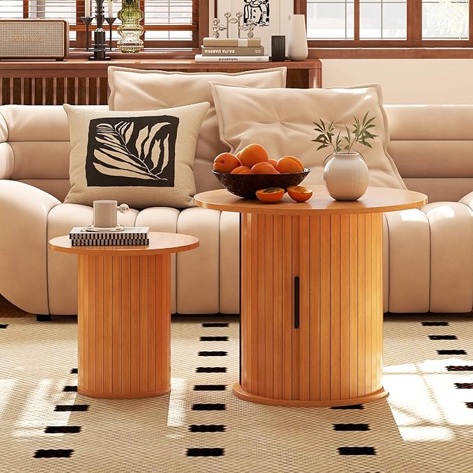 COSVALVE Round Wood Fluted End Table, 15.7” Circle Farmhouse Side Table Sets for Living Room, Bedroom, Balcony, Small Spaces, Natural