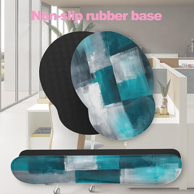 Turquoise and Grey Abstract Art Painting Mouse Pad with Wrist Rest and Keyboard Wrist Rest Set,Non-Slip Rubber Base Memory Foam Mouse Pad Set for Women, Office Desk Accessories, Gaming