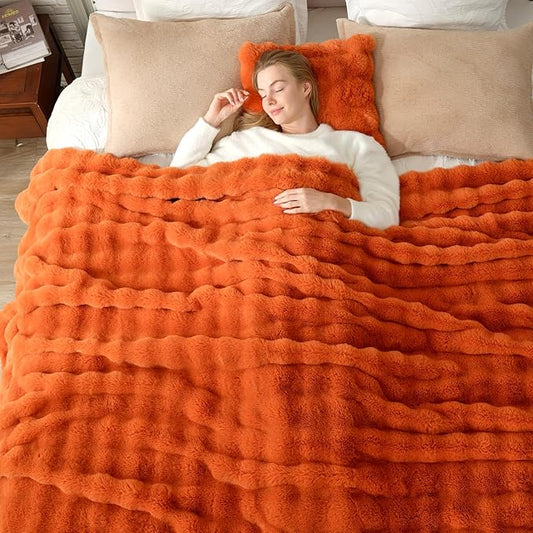 Cozy Bliss Faux Fur Throw Blanket for Couch, Bubble Plush Blanket Queen Size, Fuzzy Soft & Thick Blanket for Fall Bed Sofa Living Room, 90x90 Inches Halloween Burnt Orange