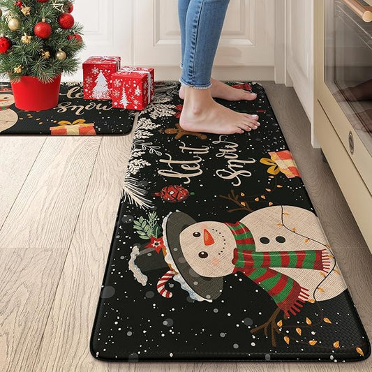 Christmas Snowman Kitchen Mat, Non Skid Cushioned Kitchen Floor Mats Sets of 2 Waterproof Anti Fatigue Kitchen Rug, Winter Xmas Tree Mat Black Comfort Standing Rugs for Holiday Decor 17x30+17x47inch