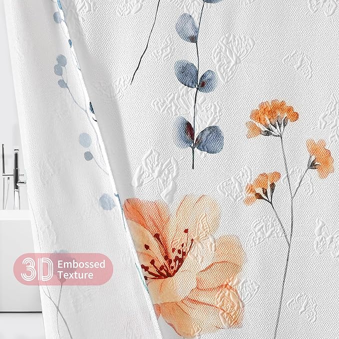 QiyI Watercolor Floral Shower Curtain, 3D Embossed Butterflies Peach Pink Flower Bathroom Curtain, Minimalist White Cloth Bath Curtain, Waterproof Fabric Textured Shower Curtain Set with Hooks, 72x72