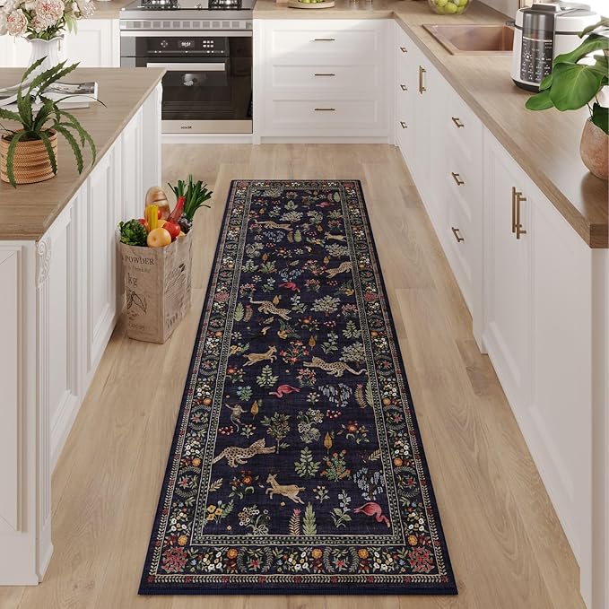 Rugcomf Runner Rug for Kitchen Rug Non Slip 2'x6' Washable Rugs with Rubber Backing Soft Floral Animal Carpet Runner for Kitchen, Laundry, Bedroom, Bathroom (Blue)