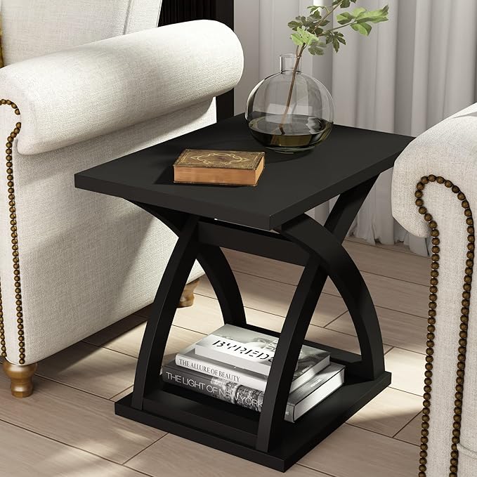 ChooChoo End Side Table, Modern End Table with Storage Shelf, X-Design Side Table Living Room (Black)