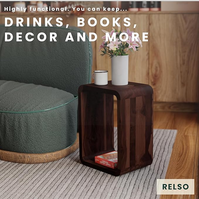 Relso Aurora End Table Solid Sheesham Wood Nightstand with Open Shelf Storage, Walnut Finish Bedside Table, Side Table for Bedroom, Living Room, Entryway, Small Spaces, Accent Bookshelf