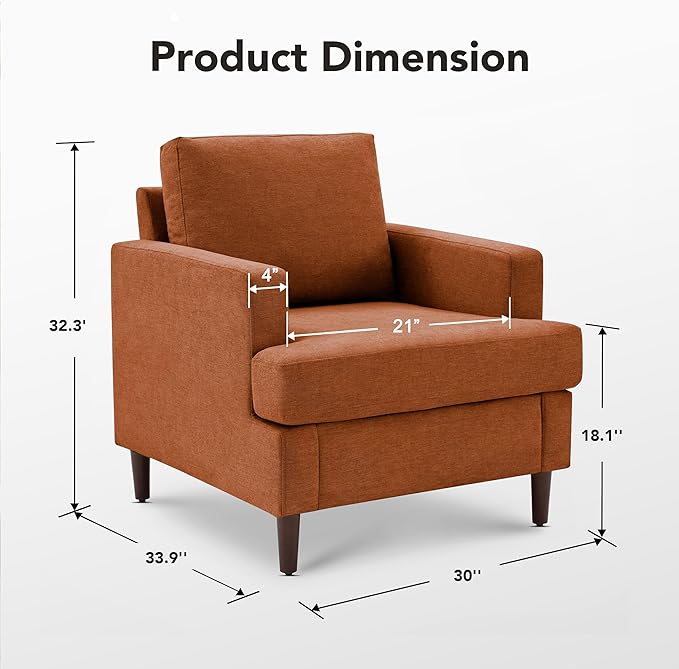 Mid-Century Accent Chair,Modern Linen Fabric Armchair for Living Room,Comfy Upholstered Reading Accent Chairs for Bedroom,Single Sofa Chair with Wood Legs (Orange, 1 Pack)