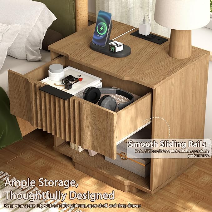 Yechen Fluted Nightstand with 20W Fast Charging Station - Modern Farmhouse Wood Night Stand with Storage Drawer & Shelf, Large Wide Bedside End Table for Bedroom with Curved Profile Base, Natural Oak