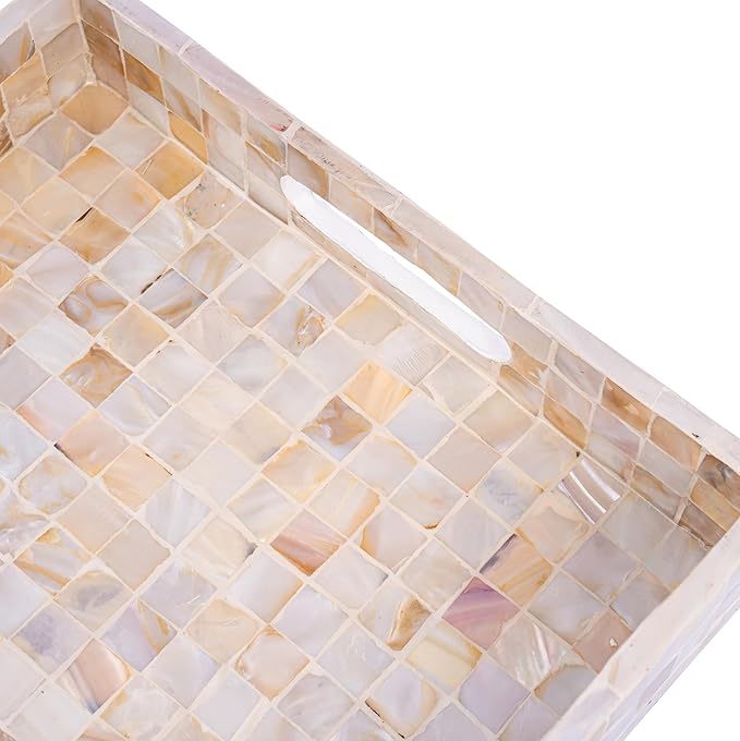 PEMAR 10" Mother of Pearl Catchall Tray for Coffee Table, Entryway, Nightstand. Square Serving Tray Wooden Luxury Decorative Handmade Eating Platters w Insert Handles (White Cream Squares Pattern)