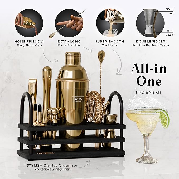 BARE BARREL® Mixology Bartender Kit Bar Set | 14-Piece Cocktail Shaker Set | Martini Barware Mixing Tools for Home Bartending | 35 Recipe Cards | Gift Set (24oz Cobbler Shaker, Gold/Black)