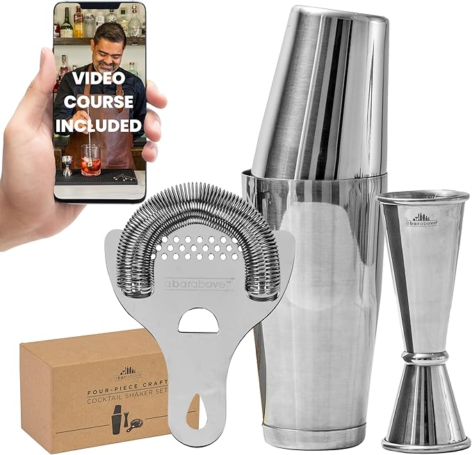 A Bar Above 4-Piece Cocktail Shaker Set, for Professional and Home Bar, Premium Bar Kit Gifts, Includes Strainer, Jigger, Shaker Set, and 4-Hour Cocktail Course
