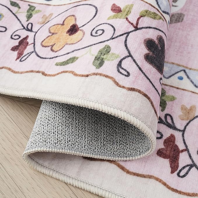 Rugcomf Runner Rug for Kitchen Non Slip 2'x6' Washable Rugs with Rubber Backing Soft Floral Animal Cat Carpet Runner for Kitchen Laundry Bedroom Bathroom, Pink