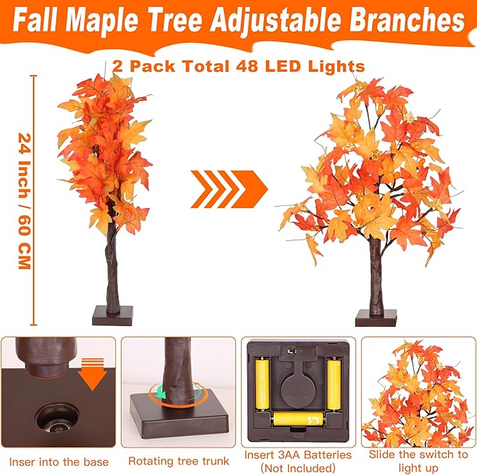 2 Pack 24 Inch Artificial Lighted Maple Tree with 48 LEDs Timer Fall Thanksgiving Decorations Battery Operated Prelit Maple Tree Table Lights for Thanksgiving Decor Home Indoor Autumn Harvest