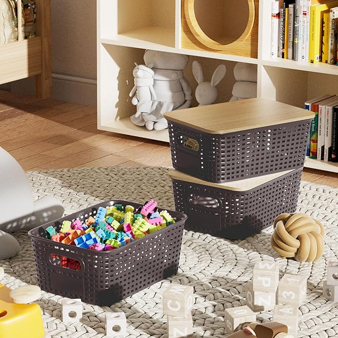Small Storage Bins with Bamboo Lids, Decorative Plastic Storage Box with Lids, 5QT Stackable Organizing Baskets with Lable for Classroom, Office, Desktop, Closet, Shelf, 10x7.1x4.1 In, Brown, 6 Pack
