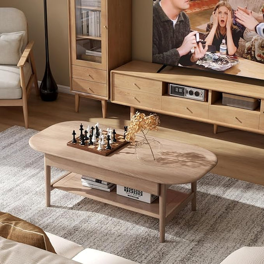 100% Solid Wood Coffee Table for Living Room, 2-Tier Coffee Table with 2 Drawers and Shelf Storage, Mid Century Modern Table for Home (Mandshurica Natural Wood, 47.24''W x 22.05" D x 16.54" H)