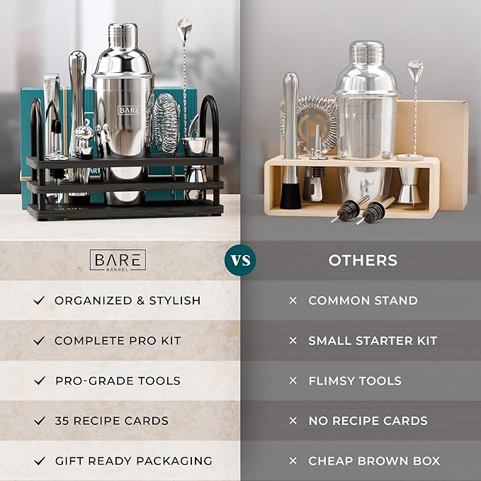 BARE BARREL® Mixology Bartender Kit Bar Set | 14-Piece Cocktail Shaker Set | Martini Barware Mixing Tools for Home Bartending | 35 Recipe Cards | Gift Set (24oz Cobbler Shaker, Silver/Black)