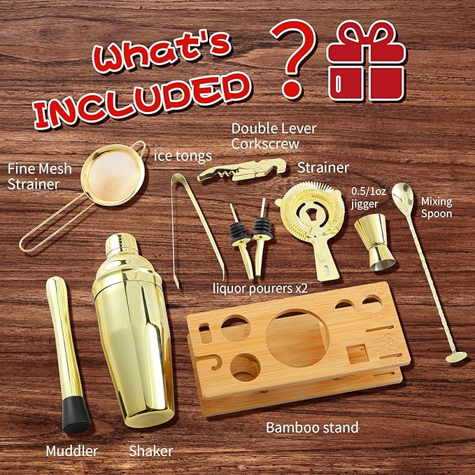 Bartender Kit 11-Piece Cocktail Shaker-Muddler for Cocktails 25oz Boston Shaker-Bar Accessories with Stylish Bamboo Stand Mix Drink Shaker kit Perfect Martini kit with Cocktail Recipes Booklet