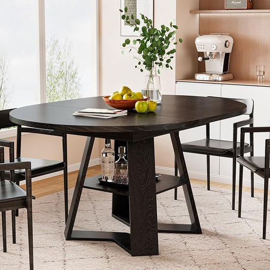 43.3in-59in Extendable Round Dining Table for 2-8,Modern Kitchen Oval Dining Table with Removable Leaves Space Saving,Wood Base with Storage Shelf for Kitchen Living Room (Black Style 3)
