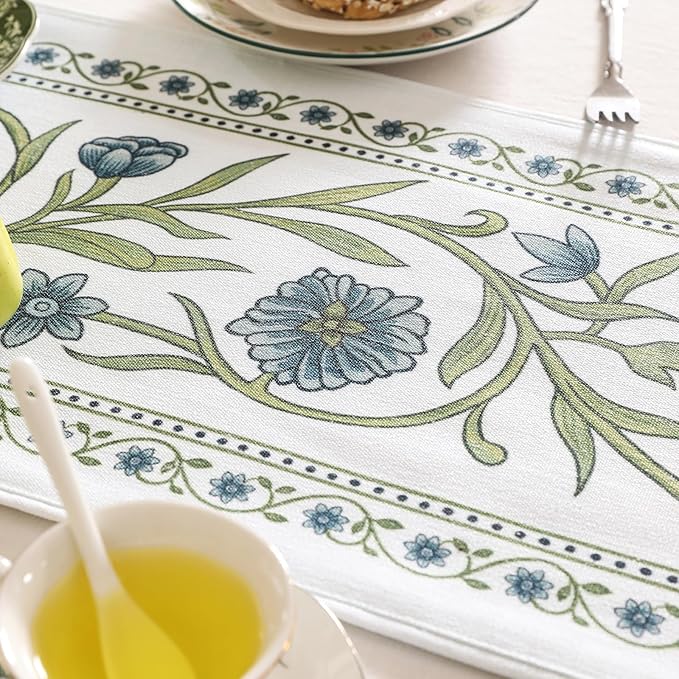 ISAENNE Designer Elegant Linen Table Runner 87 Inches Long,Vintage Blue Floral Pattern Decor Table Runners for Dining Tables,Kitchen Tables,Thanksgiving,Christmas,Banquet,12"*87"-Mosella E