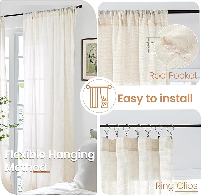 BGment Extra Long 108 Inch Length Curtains for Living Room Windows, Linen Beige Drapes Rustic Country Textured for Farmhouse Bedroom Decor Lightweight Rod Pocket, 2 Panels Set, Each 52 Inch Wide