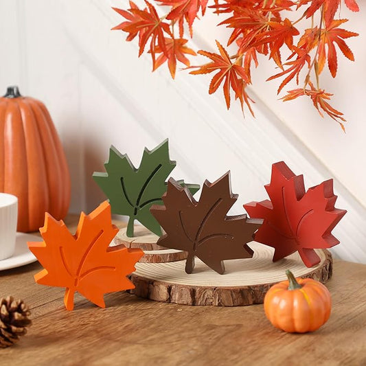 Amorita 4pcs Fall Leaves Decorations Farmhouse Thanksgiving Table Decor Centerpiece Wooden Maple Leaf Signs Block for Autumn Harvest Tiered Tray Party Shelf Display