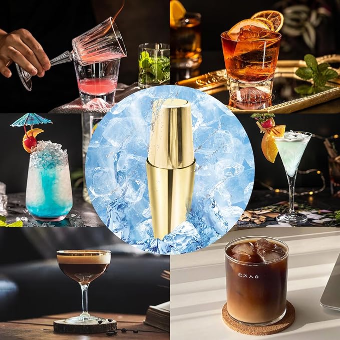 Boston Cocktail Shaker Bar Set, Weighted Boston Shaker Tins, Bartender Kit with 18oz & 28oz Mixed Drink Shaker, Hawthorne Strainer, Double Measuring Jigger - Gold