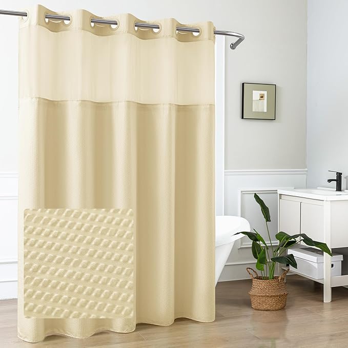 Mrs Awesome No Hook Shower Curtain with Snap-in Liner Less Time On/Off, Embossed Waffle-Look Textured Fabric Shower Curtain for Bathroom, Soft & Lightweight, 71x74, Beige