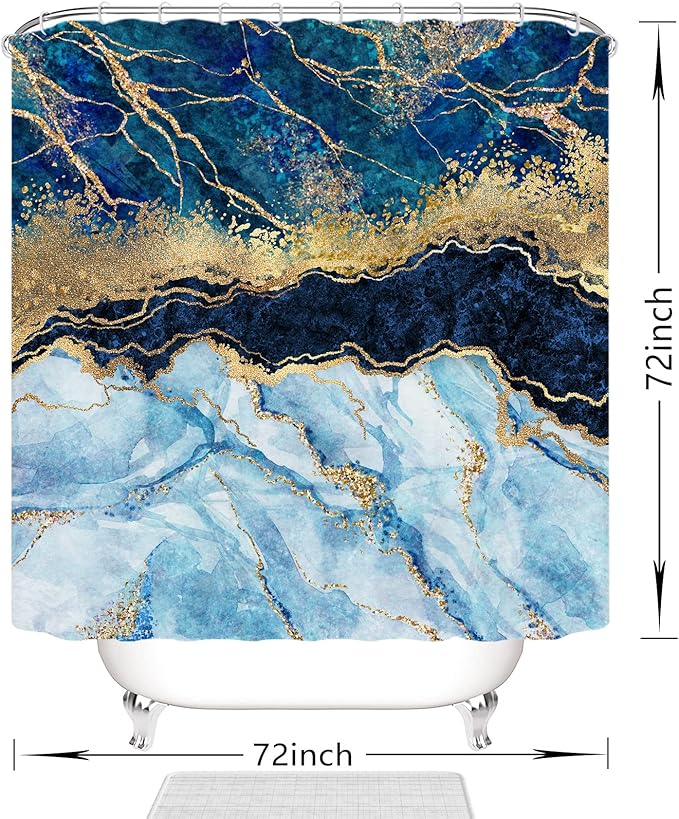 Marble Shower Curtain, Blue Marble Shower Curtain Set, Abstract Luxury Blue Golden Glitter Veins Texture Marble Shower Curtains for Bathroom, Waterproof Fabric with 12 Hooks, 72 x 72 inches