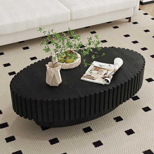 Modern Wood Coffee Table - Handcraft Drum Coffee Tables with Sturdy Base, Easy Assembly, Contemporary Style Small Coffee Table Tea Table for Living Room, Bedroom, Office (Black Oval)