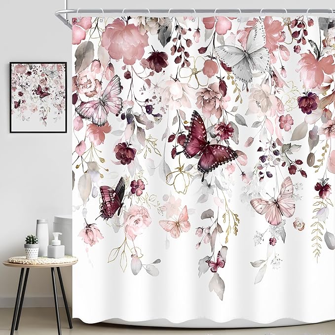 Grey Pink Floral Butterfly Shower Curtain 72Wx72L Inch Spring Summer Plant Natural Gold Green Leaves Botanic Bathroom Set Country Woman Girl Elegant Bath Curtain Bathtub Accessories Home Decor