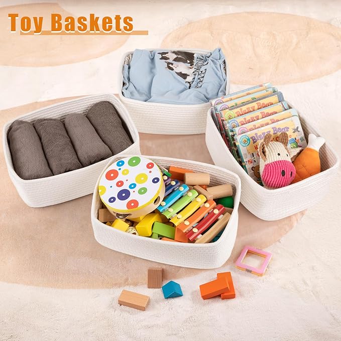 OIAHOMY 4 Pack Storage Baskets for Organizing, Small Bins for Shelves, Cute Decorative Storage Bins, Organizer Baskets for Gifts Empty, 13''Lx8.7''Wx5.1''H, White