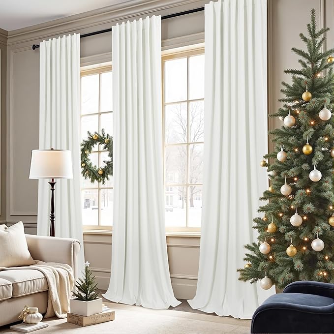 102 Inch Blackout Curtains 2 Panel Set Length Modern Decorative Dark Out Curtain for Bedroom Heat Cold Blocking Window Thermal Insulating Ceiling Drape for Living Room 102 Inches Long Ivory Off White