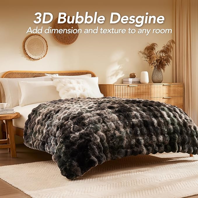 L'AGRATY Faux Fur Throw Blanket: 50" x 60" Luxury Soft Fluffy Thick Rabbit Fur Blankets for Couch Bed Sofa - Cozy Plush Bubble Blankets for Home Decor: Warm Flannel Fleece Decorative Blanket
