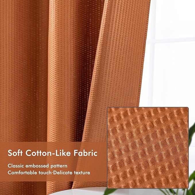 Mrs Awesome No Hook Shower Curtain with Snap-in Liner, Embossed Waffle Design Fabric Shower Curtain for Bathroom, Soft & Lightweight, 71x74, Taerracotta