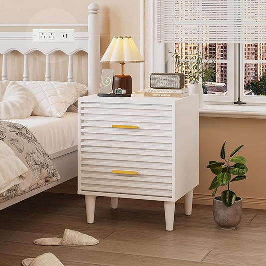 Alohappy Night Stand with Charging Station, Bedside Table with 2 Drawers, Mid Century Modern End Table, Bed Side Table with USB Ports and Outlets, Nightstand for Bedroom, White 1pc
