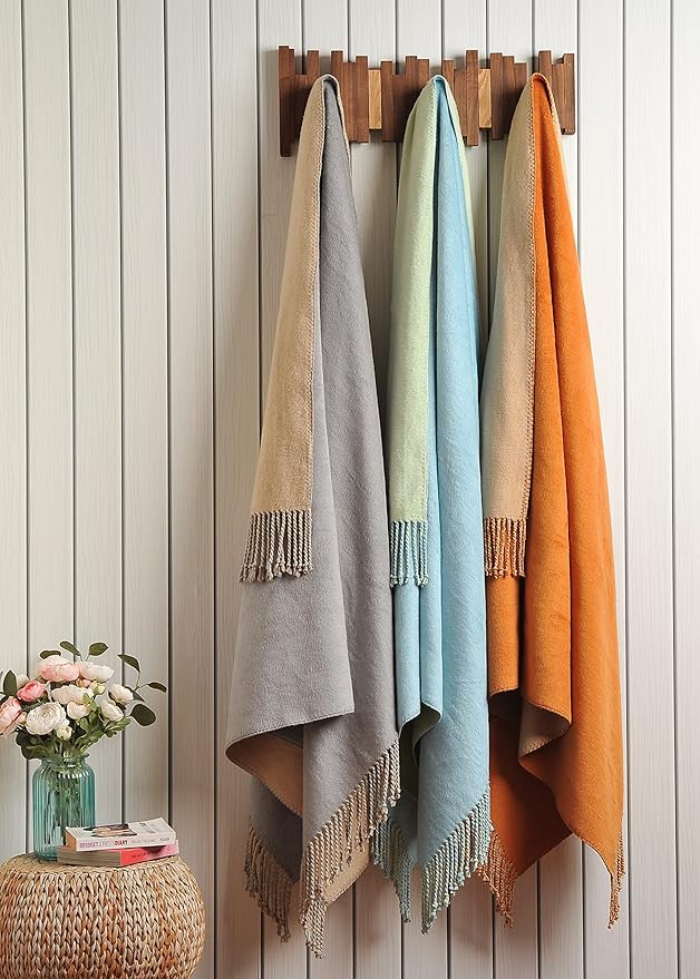 EP Mode Reversible Fringed Mulberry Silk Throw Blanket for Sofa (Caramel/Beige)