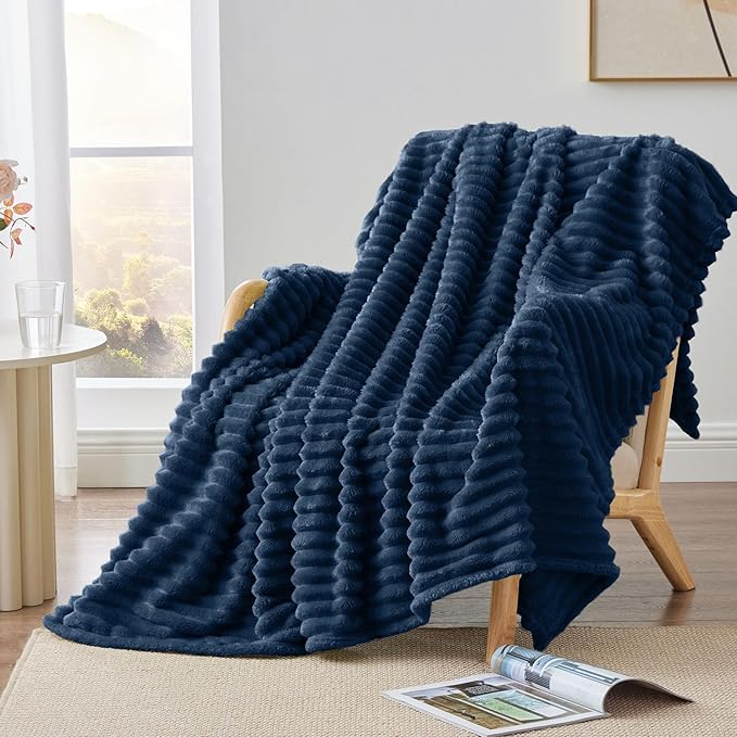 BEDELITE Twin Blanket for Couch & Bed, 300GSM Soft & Warm Fleece Blanket, Decorative and Giftable Striped Navy Blankets for Women, Men, 60"x80"