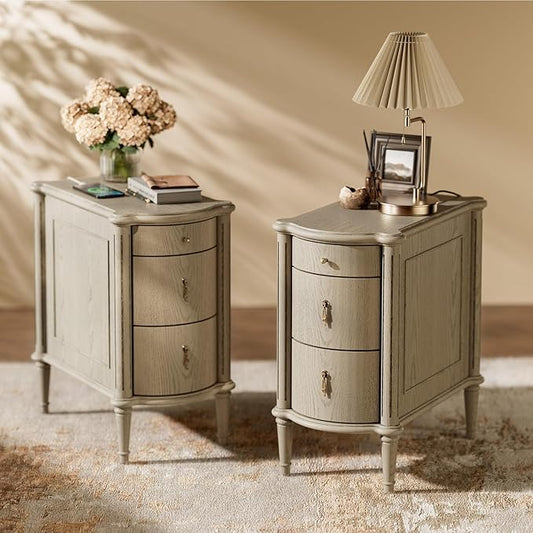 STO'SENSE Nightstand Set of 2 w/Charging Station & 3 Drawers, Pre-Assembled, Vintage Side Table w/Antique-Finished Pulls, Rustic Wood Finish, Narrow End Table w/Turned Legs for Bedroom, Antique Grey