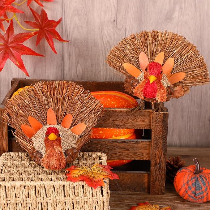 2PCS Thanksgiving Decorations Turkey, Thanksgiving Decorations for Table, Natural Material Turkey for Home Indoor Decor