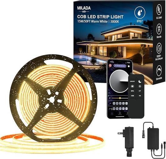 IP67 COB LED Strip Light 50FT/15M Outdoor Led Strip Lights Waterproof 3000K CRI90+ Flexible 24V Remote & App Control Dimmable Water Proof Led Light Strips for Kitchen Terraces Patio Garden