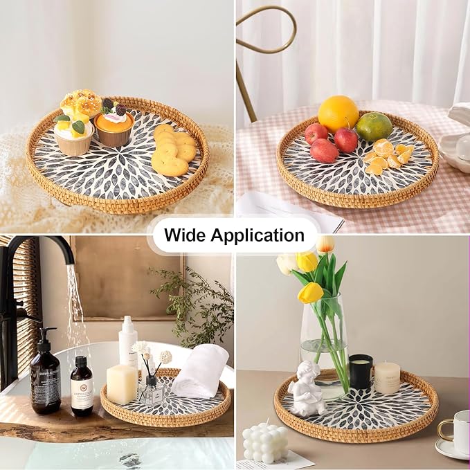 Round Rattan Tray with Mother of Pearl Inlay, Rattan Serving Tray for Coffee, Bread, Fruits, Decorative Wicker Tray for Table Decor, Home Decor, Kitchen Island Decor (Dark Blue Leaf, 11.8")