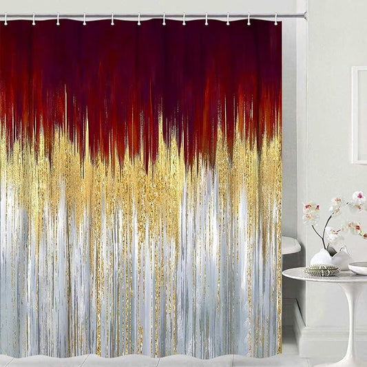 JAWO Abstract Dark RedSh ower Curtain, Gold Blue Boho Ombre Minimalist Chic Art Shower Curtains, Modern Neutral Contemporary Striped Brush Strokes Tan Art Waterproof Bathroom Curtain with 12 Hooks