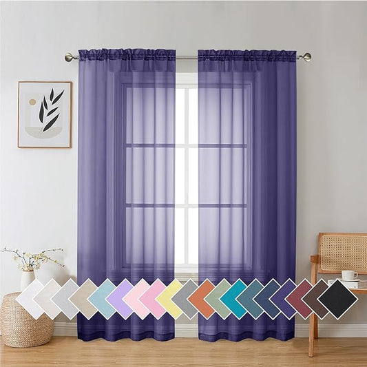 Aiyufeng Purple Sheer Curtains 72 Inch Length 2 Panels Set, Light Filtering Airy Rod Pocket Purple Window Curtain Treatment Drapes for Kitchen Bedroom Living, Each 42Wx72L Inches